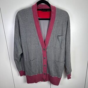 VTG Lizsport Cardigan Sweater Gray Red Stripe Cotton Button Front Pockets Preppy